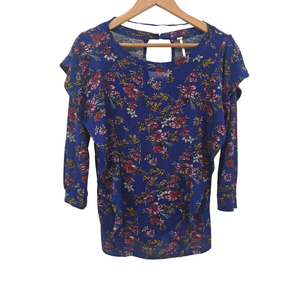 Free People Ruffle Front Top Womens Small Blue Floral Knit Keyhole Back 3/4 Slev